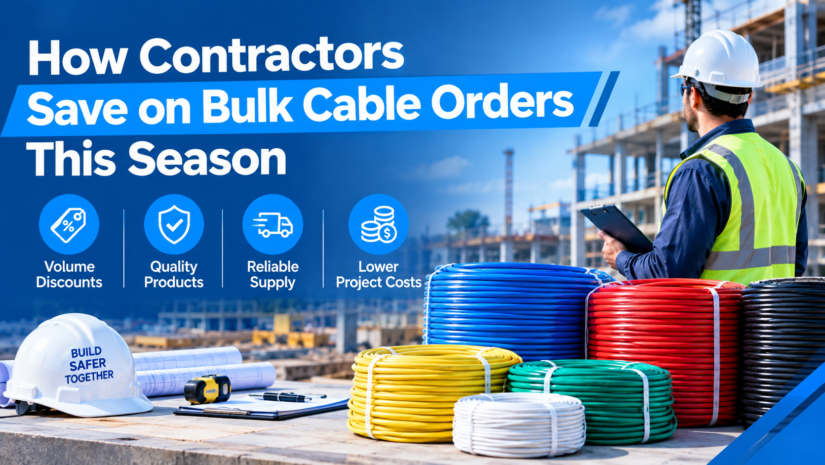 Contractor reviewing bulk cable orders with electrical wire supplies for seasonal cost savings