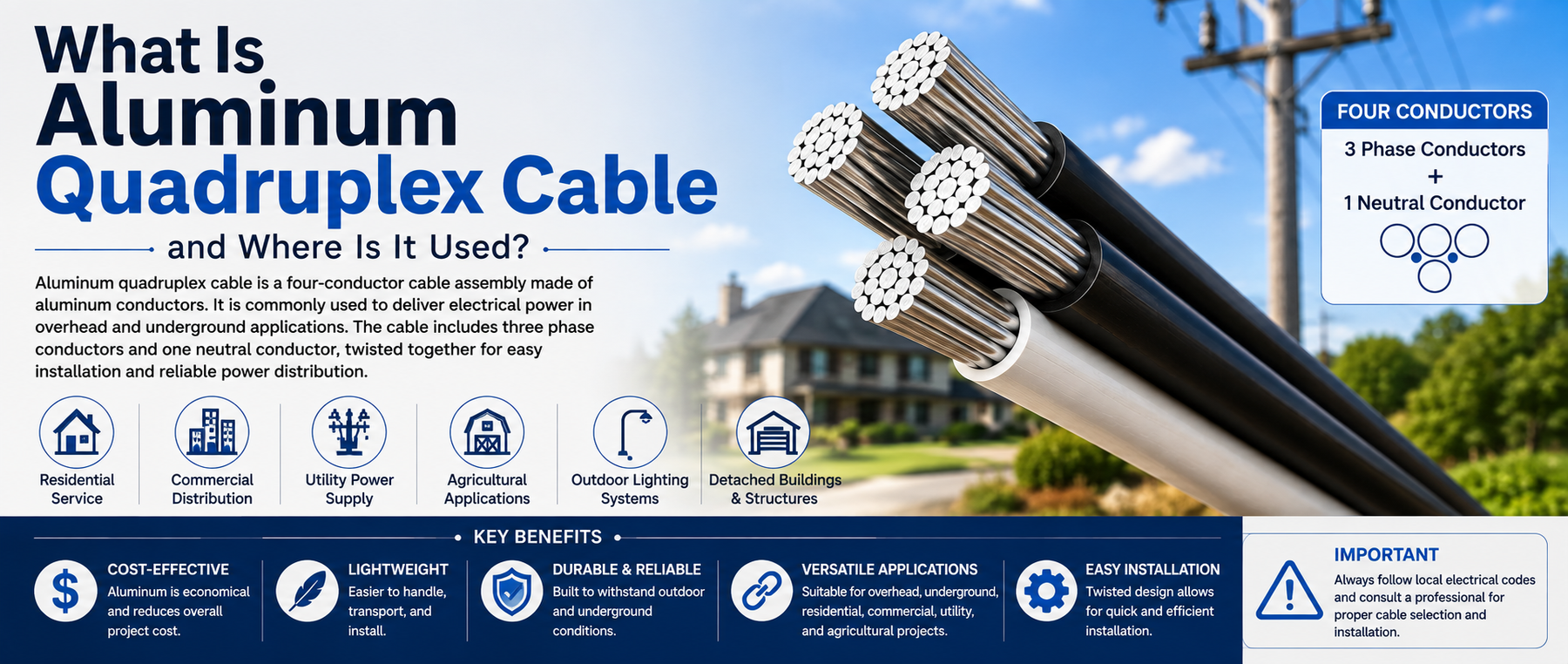 Aluminum quadruplex cable uses