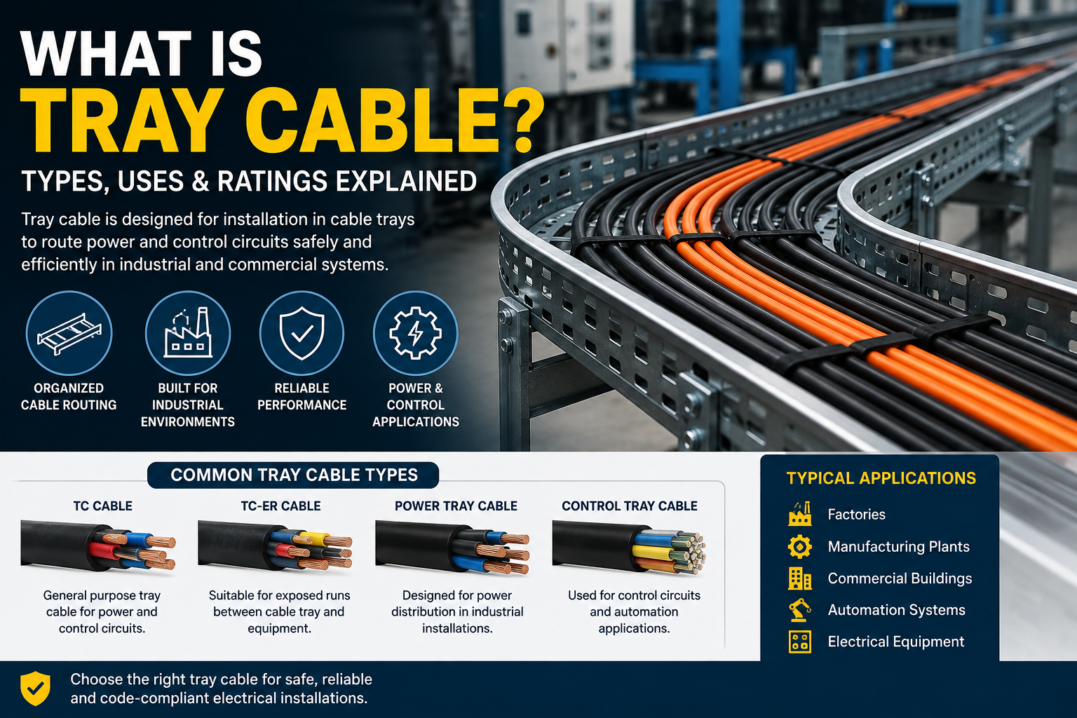Industrial tray cable system showing TC, TC-ER, power and control cable applications
