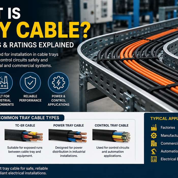 Industrial tray cable system showing TC, TC-ER, power and control cable applications