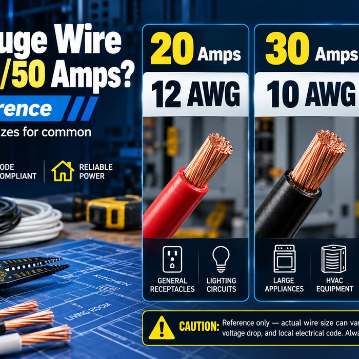 Wire gauge quick reference chart showing recommended wire sizes for 20, 30, and 50 amp circuits.